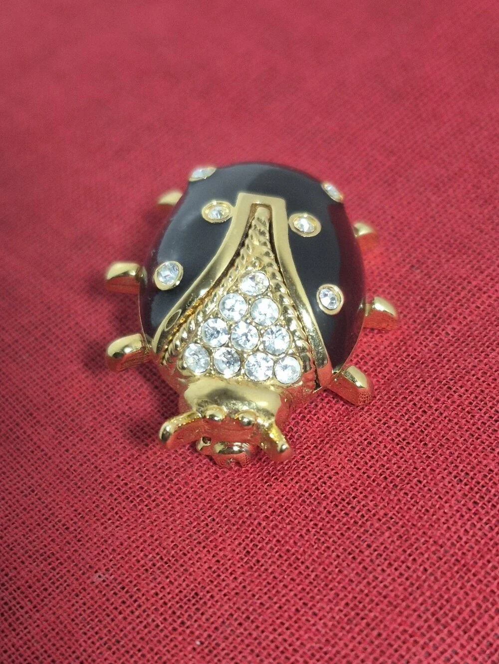 Vtg. St. John Gold-tone Black Enamel and Crystal Rhinestone Ladybug Brooch/Pin